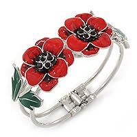 Red/Black/Green Enamel, Crystal Poppy Floral Hinged Bangle Bracelet In Silver Tone - 19cm L