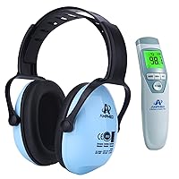 Amplim 2022 2-pack Premium Bundle Hearing Protection Earmuff for Toddlers Kids Teens Adults and Color-coded Touchless Infrared Digital Forehead Thermometer for Adults and Babies