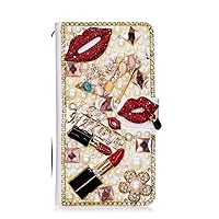 Crystal Wallet Phone Case Compatible with iPhone 13 - Sexy Lips Lipstick High-Heel - White - 3D Handmade Glitter Bling Leather Cover with Screen Protector & Neck Strip Lanyard