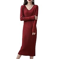 Winter/Autumn Wool Knitted Dress for Women V-Neck Female Dresses Long Style Jumpers