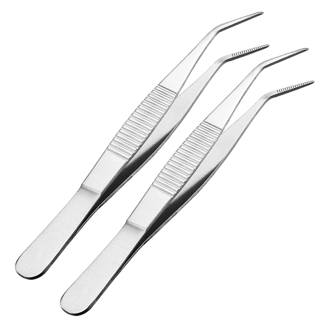 uxcell 2 Pcs 5-Inch Stainless Steel Tweezers with Curved Pointed Serrated Tip