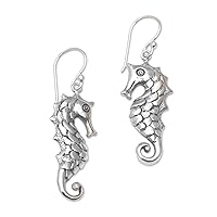 NOVICA Handmade .925 Sterling Silver Dangle Earrings Seahorse Motif Indonesia Animal Themed [1.8 in L x 0.6 in W x 0.1 in D] 'Friendly Seahorse'