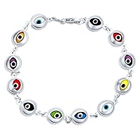 Bling Jewelry Turkish Colorful Multicolor Spiritual Protection Amulet Strand Link Multi Charm Flower Evil Eye Bracelet For Women Teens .925 Sterling Silver 7, 7.5 Inch Made In Turkey