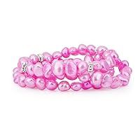 Genuine Freshwater Cultured Pearl 7-8mm Dark Pink Stretch Bracelets with Base-Metal-Beads (Set of 3) 7.5