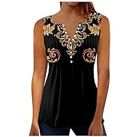 Womens Summer Tank Tops Plus Size Sleeveless Henley Shirts Tunic Tops for Woman Button Down Graphic Tees Ladies Print T-Shirt