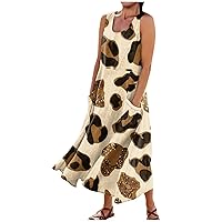 Dresses for Women 2024 Women's Casual Sundress Casual Comfort Vintage Print Sleeveless with Pocket Summer Beach Dress