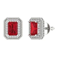 4.08 ct Emerald Round Cut Halo Solitaire VVS1 Simulated Ruby Pair of Solitaire Stud Screw Back Earrings 18K White Gold
