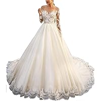 VeraQueen Women's Sheer Neck Long Sleeves Vintage Boho Wedding Dress Lace Applique Bridal Gowns with Sweep Train