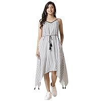 Indya Women's Indian Ethnic White Dress Striped Belted Strappy High Low