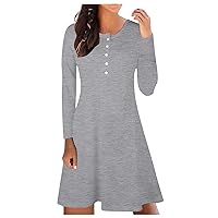 Women's Casual Solid Color Fashion Slim Fit Round Neck Button Long Sleeve Dress