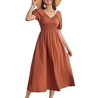 GRACE KARIN 2024 Women's Summer V Neck Smocked Dresses Short Sleeve Flowy A Line Maxi Dress with Pockets