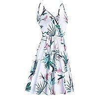 Women's Bohemian Dress Casual Summer Beach Sleeveless Knee Length Flowy Foral Print Hawai Swing V-Neck Trendy