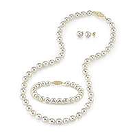The Pearl Source 14K Gold 7-7.5mm Round White Akoya Cultured Pearl Necklace, Bracelet & Earrings Set in 17