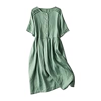 Women's Cotton Linen Tunic Dresses Vintage Round Neck Short Sleeve Button Down Ruffle Midi Dress Flowy Casual Dresses