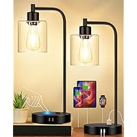 Set of 2 Industrial Touch Control Table Lamps - Black Bedside Lamps with 2 USB Ports and AC Outlet, 3-Way Dimmable Nightstand Desk Lamps for Bedroom Living Room, Glass Shade & 2 LED Bulbs Included