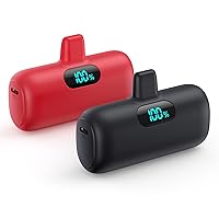 [2 Pack] Mini Portable Charger 5000mAh,Ultra-Compact 15W PD Fast Charging Power Bank,LCD Display Cute Battery Pack Backup Charger Compatible with iPhone 14/14 Pro Max/13 Pro/12/11/XR/8/7/6-Black+Red