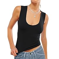 Womens Basic Fitted Scoop Neck Tank Top Wide Strap Cropped Tops Summer Sleeveless Shirts