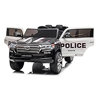 Kids Electric Ride on Police Car, 12V Battery Powered SUV Truck Licensed Toyota Vehicle with Remote Control, LED Lights, Music, Double Open Doors for Boys Girls, Black White