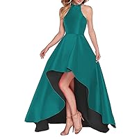 Halter Prom Dresses with Pockets Stain Sleeveless Backless High Low Bridesmaid Dress for Women