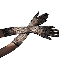 1 Pair Long Rhinestones Diamond Fishnet Gloves Mesh Full Finger Arm