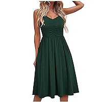 Women's Sleeveless Knee Length Solid Color Beach Flowy V-Neck Glamorous Dress Swing Casual Loose-Fitting Summer Army Green