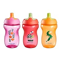 Tommee Tippee Sportee Bottle, Sippy Cup for Toddlers, 12 Months+, 10oz, Spill-Proof, Bite Resistant Spout, Easy to Hold Design, Pack of 3, Purple, Red and Orange
