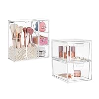 HBlife Acrylic Makeup Organizer with 2 Brush Holders and 3 Drawers Dustproof Box, Free Beige Pearl Included Pack of 2 Stackable Makeup Organizer Drawers Clear Plastic Bathroom Organizers