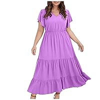 Women's Summer Plus Size Boho Dress Casual Loose Plain Flutter Short Sleeve Ruffle Tiered Flowy A Line Maxi Dresses Purple