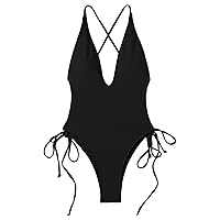 Women's Solid Color Deep V Neck Sexy Strap Bikini Swimsuit Beach Swimsuit Bikini with Skirt (Black, L)