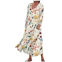 Dresses for Women 2023 Oversized Swing Beach Maxi Dress with Floral Print Round Neck Seven Sleeve Basic Loose Pocket Dress