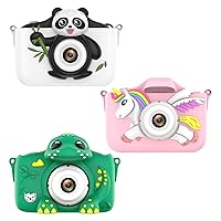 3 Pack Kids Camera Dinosaur & Unicorn & Panda,64GB Card 1080P HD Selfie Digital Video Camera for Boys and Girls, Kids Camera Christmas and Birthday Gifts Toy for Age 3-8