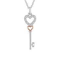 SwaraEcom Brilliant Created Round Cut White Diamond Cz 14K White Gold Plated Sterling Silver Key with Double Heart Pendant Necklace for Her Gifts