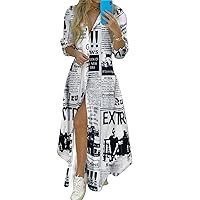 EFOFEI Women's Long Sleeve Button Down Shirt Dresses Casual Floral Print Maxi Dress Loose Fit Split Blouse Dress