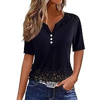 Tops for Women Trendy T Shirt Tee Print Button Short Sleeve Daily Weekend Fashion Basic V- Neck Regular Top