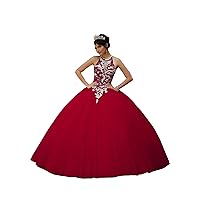 Women's Sweetheart Quinceanera Dress Lace Sequin Beads Applique Backless Princess Ball Gown Tulle Prom Dress Rose Red