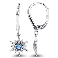 Sterling Silver Rhodium 3mm Round Bezel #109 Blue Spinel & Round White Cubic Zirconia Star Dangling Earrings