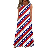 Women's 4Th of July Dress Casual Fashion Sleeveless Pullover Dresses Printed with Pockets Dresses, S-3XL