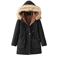 Women's Thicken Fleece Lined Parka 2023 Winter Drawstring Waist-Defined Long Coat Fur Trim Hooded Casual Outwear