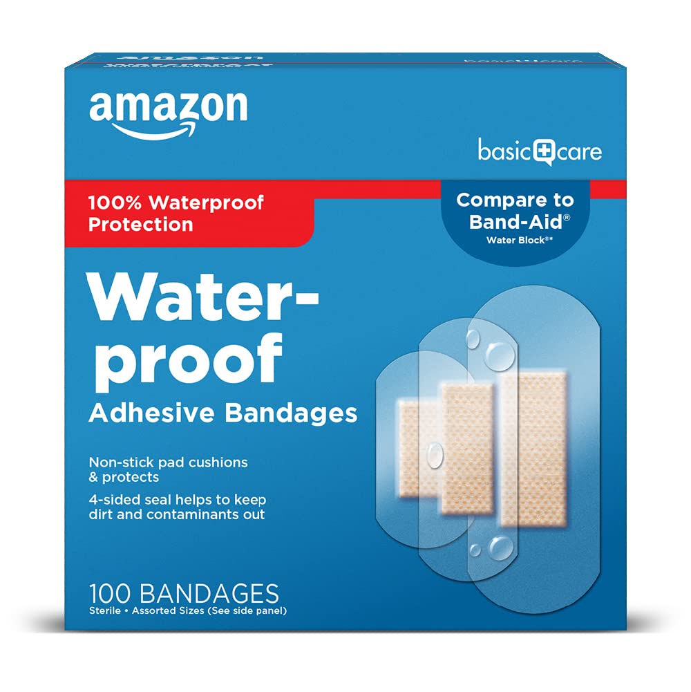 Amazon Basic Care Waterproof Clear Adhesive Bandages, First Aid and Wound Care Supplies, Assorted Sizes, 100 Count