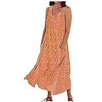 Womens Dresses Linen Cotton Maxi Dress Sleeveless Tank Dress U Neck Floral Flare Dress with Pocket Beach Outfits