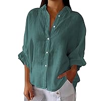 Women's Button Down Cotton Linen Blouse Collared Split Tie Back Long Sleeve Casual V-Neck Loose Fit Plain Tops Shirts