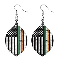 Irish U.S. Flag Printed Earrings Wooden Boho Vintage Pendant Dangle Apricot Shaped Earrings for Women