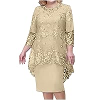 Wedding Guest Dresses Women Ladies 3/4 Sleeve Embroidered Lace Cocktail Dress Knee Length Evening Party Ball Gown
