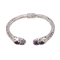 NOVICA Handmade Amethyst Cuff Bracelet 4carat from Bali .925 Sterling Silver Indonesia Gemstone [6 in L (end to End) x 0.4 in W] 'Elephant's Treasure'
