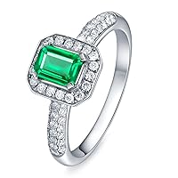 Natural Emerald Gemstone Pave Diamond Solid 14K White Gold Wedding Engagement Promise Band Ring for Women