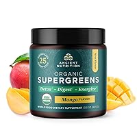 Ancient Nutrition SuperGreens Powder with Probiotics, Made from Real Fruits, Vegetables and Herbs, Digestive and Energy Support (12 Servings, Mango)