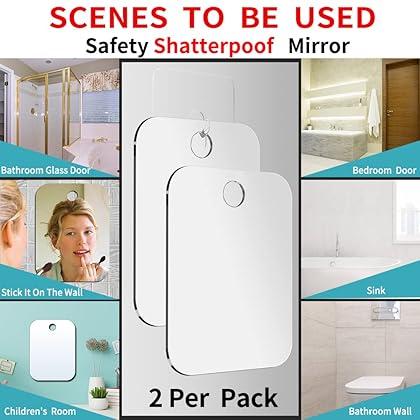 Shatterproof Shower Mirror Fogless for Shaving(2 Pack,Larger 10.7x8 inch)43% Than Original,Unbreakable Deluxe Plexiglass Makeup Mirror,Largest Bathroom Wall Hanging,Portable Handheld Camping,Silver