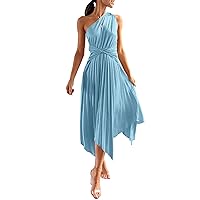 PRETTYGARDEN Women's Summer Long Satin Dress One Shoulder Sleeveless Ruched Twist Flowy Maxi Dresses