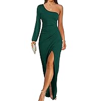 ZESICA Women's 2024 One Shoulder Long Sleeve Cocktail Dress Sexy High Slit Ruched Bodycon Wedding Party Maxi Dresses