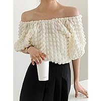 Women's Tops Shirts Sexy Tops for Women Off Shoulder Puff Sleeve Textured Blouse Shirts for Women (Size : Small)